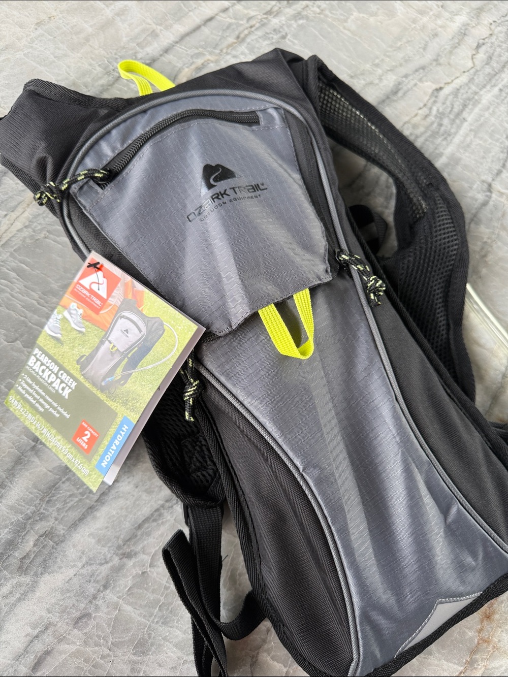 Brand New!Ozark Trail Gray and Black Hydration Backpack with Neon Yellow Accents